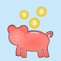 cartoon savings pig. dollar coins. vector illustration