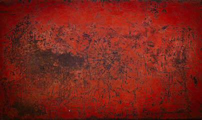 The surface of the old red metal is scratched and corroded to rust. - obrazy, fototapety, plakaty