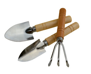 Gardening tools set isolated on white background. Two shovels and a rake for gardening. Herringbone...