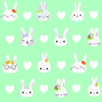 Cute green pattern with gray rabbits hearts. Textiles for children. Batterfly paper scrapbook for kids.