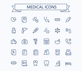 Medical line mini icons set. 24x24 px. Pixel Perfect. Healthcare and medicine signs. Editable stroke. - 430313095