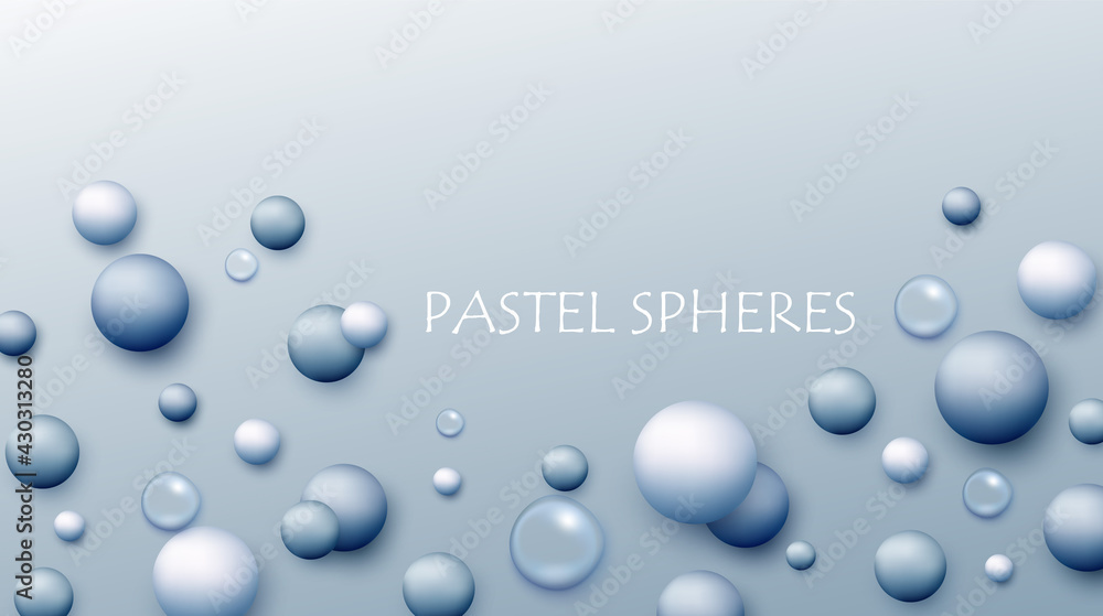Poster vector dynamic background with colorful realistic 3d balls. round sphere in pearls pastel colors on 