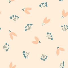 Cute garden of flowers with a flower like an abstract insect in pastel pinks, green and teal. Simple floral seamless vector pattern. Great for home décor, fabric, wallpaper, gift wrap, stationery, etc