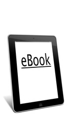 Tablet-PC mit dem Text eBook im Display, 3D-Illustration