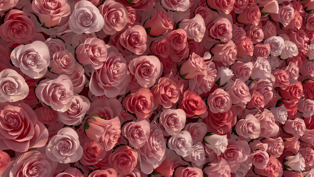 Vibrant, Colorful Flower Blooms arranged in the shape of a wall. Red, Beautiful, Roses composed to create a Elegant floral background. 3D Render