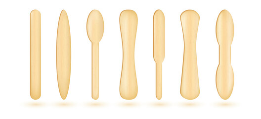Popsicle sticks, .Ice cream wooden elements set. Ecological material. .Medical wood tongue depressors collection. Realistic vector Illustration.
