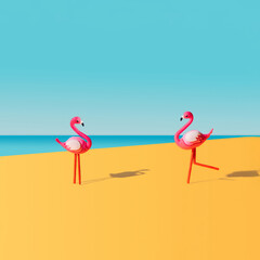 A pink flamingo toy standing and waiting flamingo toy running toward on nice sunny sunshine. Bright optimistic orange, marina blue and ligh sky blue background.