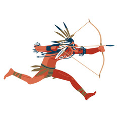 Archer, Maori warrior attacks on the run by shooting a bow. Native American Indian warrior man with bow. Cartoon, flat vector illustration isolated in white background