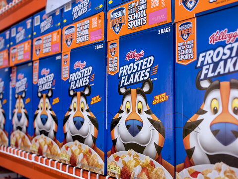 Manila, Philippines - Sept 2020: Popular Kellog's Frosted Flakes on display at an aisle in a supermarket