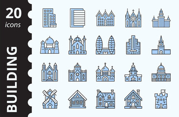 Buildings and attractions icons set. Architecture concept. Vector linear symbol collection in color.