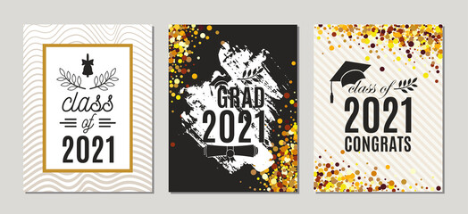 Graduation Class of 2021 greeting cards set of three templates in gold colors. Vector party invitations. Grad banners. All isolated and layered