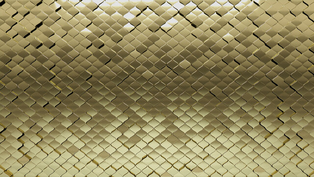 Glossy Tiles arranged to create a 3D wall. Gold, Arabesque Background formed from Luxurious blocks. 3D Render
