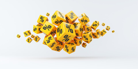 Flying yellow percentage cubes on a white background. 3d render illustration.