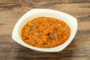 Traditional Georgian Kharcho soup with meat
