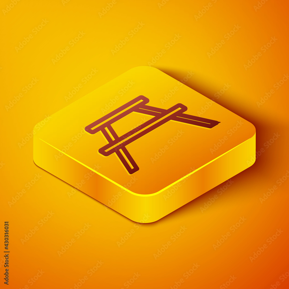 Poster isometric line picnic table with benches on either side of the table icon isolated on orange backgro