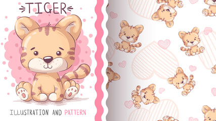 Obraz premium Childish cartoon character animal tiger -seamless pattern