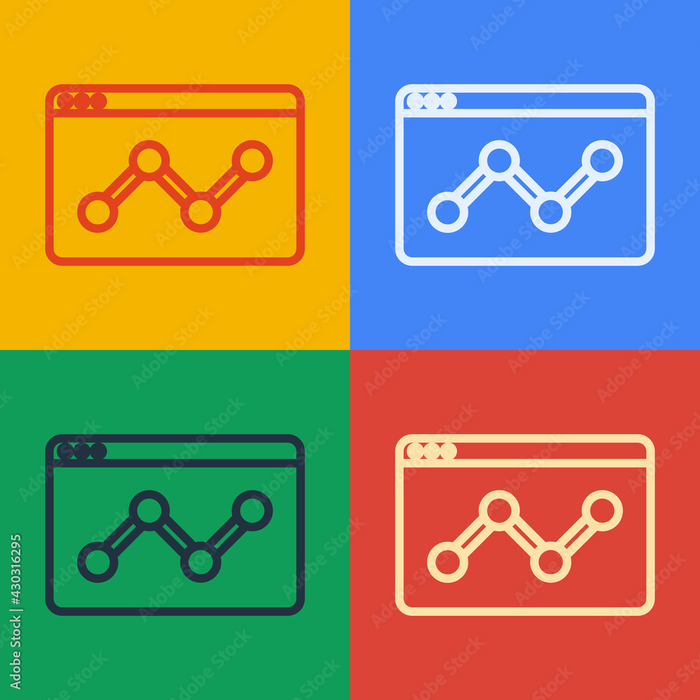 Poster pop art line web analytics information and development website statistic icon isolated on color back