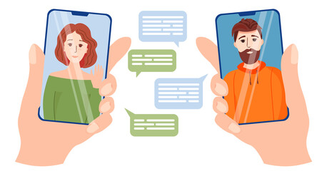 hands holding smartphones with people chatting to each other. A man and a woman on the screens of smartphones. Chat with friends, video call. Vector illustration on a white background.
