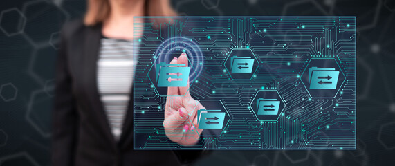 Woman touching a data exchange concept