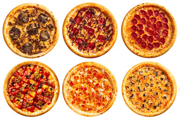 Isolated assorted variety of pizzas collage menu design on the white background
