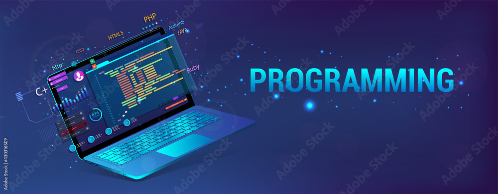 Aufkleber Banner Software Development. Programming, Web Site and App. Laptop with code and UI, UX interface. Development Software concept - coding, testing, usability, programming, design. Vector illustration