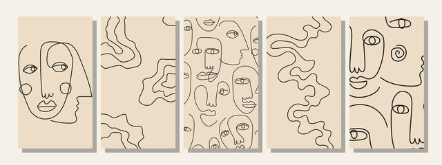 Set of hand drawn abstract faces in line art style, modern minimalism art, aesthetic contour.