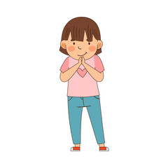 Emoji Girl with Short Hair Holding Hands Together in Anticipation Vector Illustration