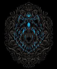 illustration vector wolf head with vintage engraving ornament
