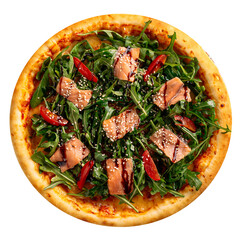 Isolated baked salmon and arugula pizza on the white background