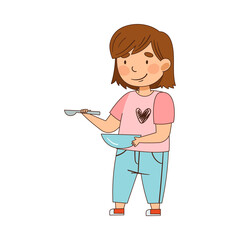 Cute Girl Standing with Bowl and Spoon Vector Illustration
