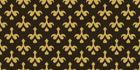 Old fashioned background pattern with simple floral ornaments on black background, wallpaper. Seamless pattern, texture. Vector illustration