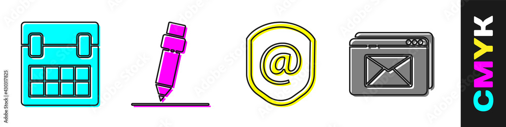 Aufkleber set calendar, pencil with eraser, shield with mail and e-mail and website and envelope icon. vector