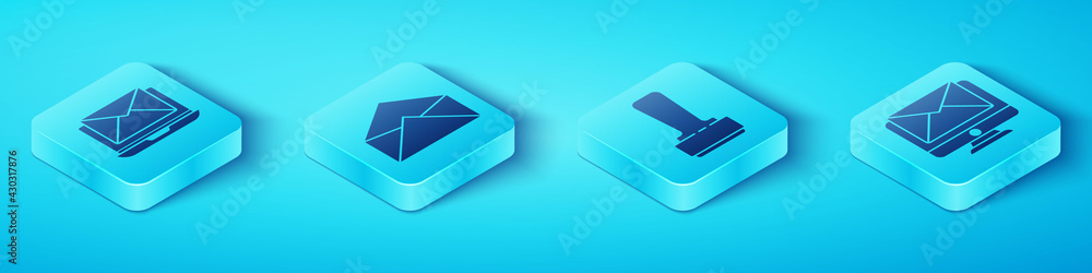 Poster set isometric laptop with envelope, envelope, monitor and envelope and stamp icon. vector