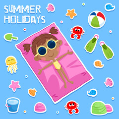 Summer fun - Cute little black girl and beach time - Blue background - Isolated