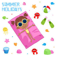 Summer holidays - Cute little black girl and beach time - White background - Isolated