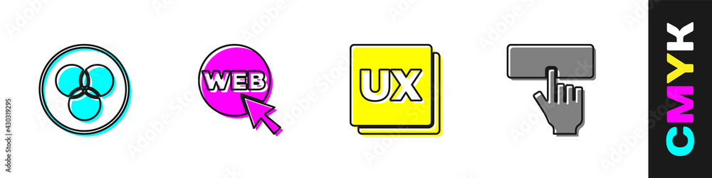 Poster set rgb and cmyk color mixing, web graphic design, ui ux and keyboard icon. vector