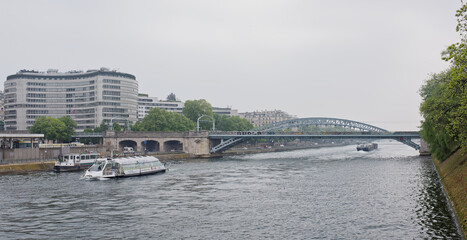  View at railway bridge Rouelle crossing Swan Island.On the river ships sail