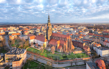 Swidnica, Poland. Aerial view of city with St. Stanislaus and St. Wenceslaus Cathedral