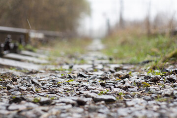 Railway. Crushed stone, sleepers, old rails.