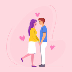 Loving couple scene of male and female holding hands on romantic date. Flat cartoon character vector.
