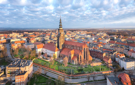 Swidnica, Poland. Aerial view of city with St. Stanislaus and St. Wenceslaus Cathedral