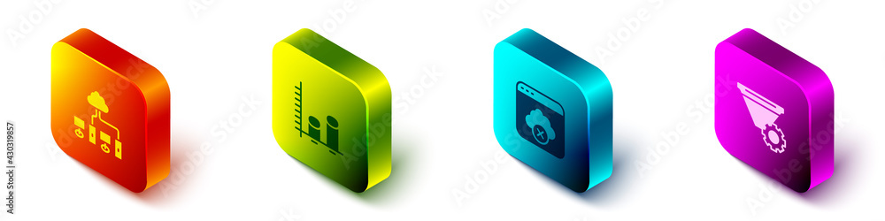 Poster Set Isometric Computer network, Data analysis, Failed access cloud storage and Filter setting icon. Vector