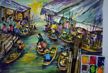 Watercolor painting art class ,    Floating market Thailand  ,  Palette , paintbrush