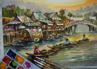 Fototapeta na wymiar Watercolor painting art class , Floating market Thai land , Palette , paintbrush