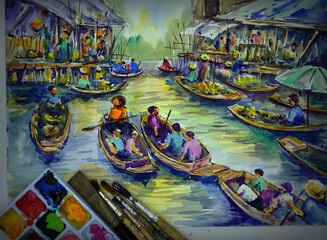 Watercolor painting art class ,    Floating market Thai land  ,   Palette , paintbrush