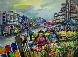  Watercolor painting art class ,  market flowers thailand     