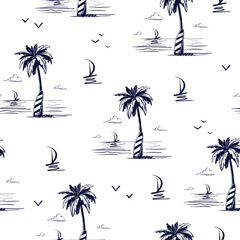 Marine summer seamless vector pattern. Sports yacht sails in the ocean waves. Beautiful palm tree and surfboard, tourists Paradise