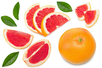 Fototapeta na wymiar grapefruit with slices and green leaves isolated on white background top view. clipping path