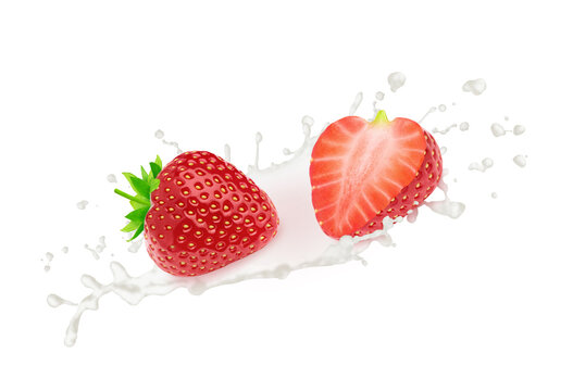 Strawberry in milk splashes isolated on white background.