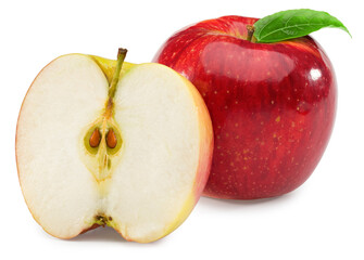 red apples with green leaf and half isolated on white background. clipping path